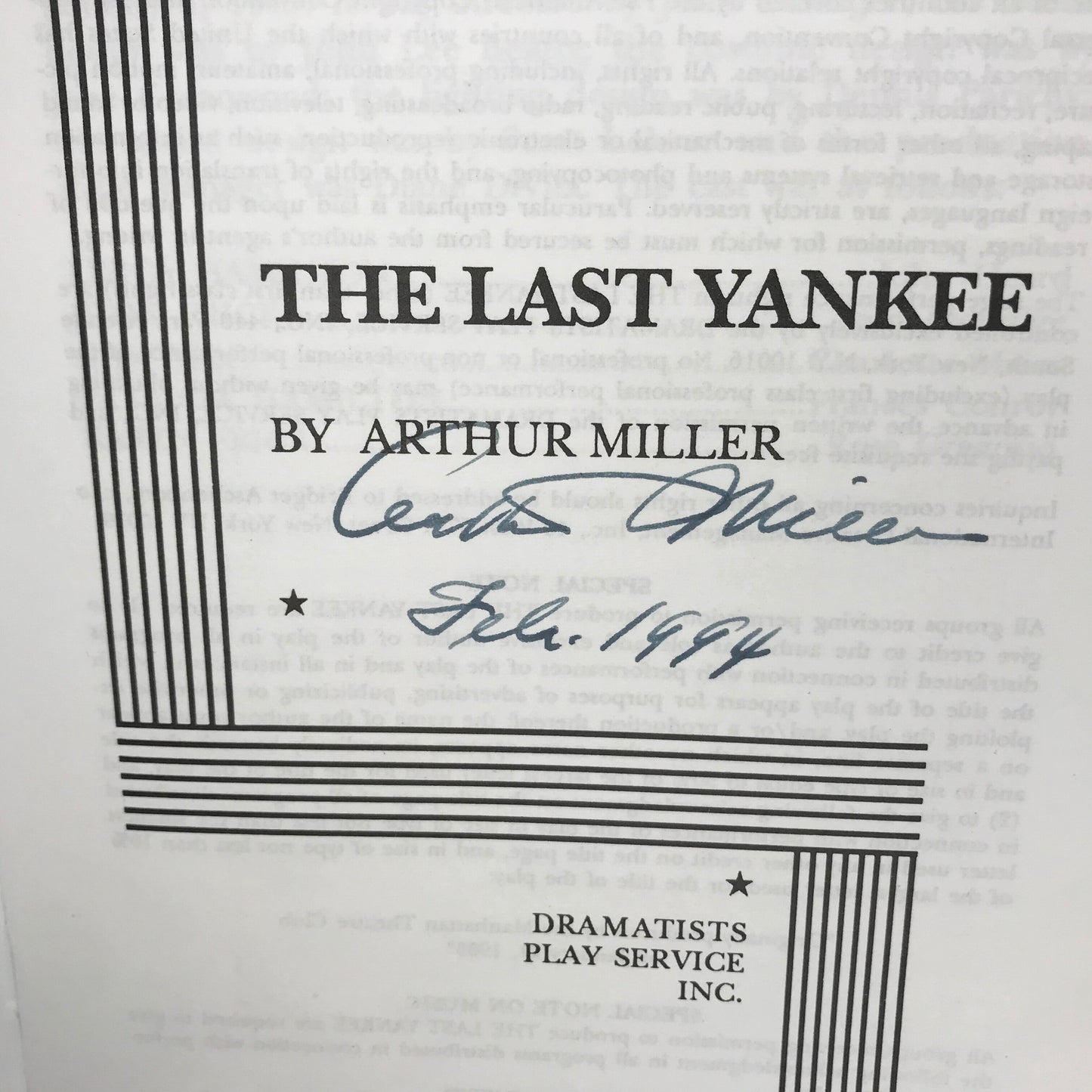 The Last Yankee - Arthur Miller - Signed - 1993