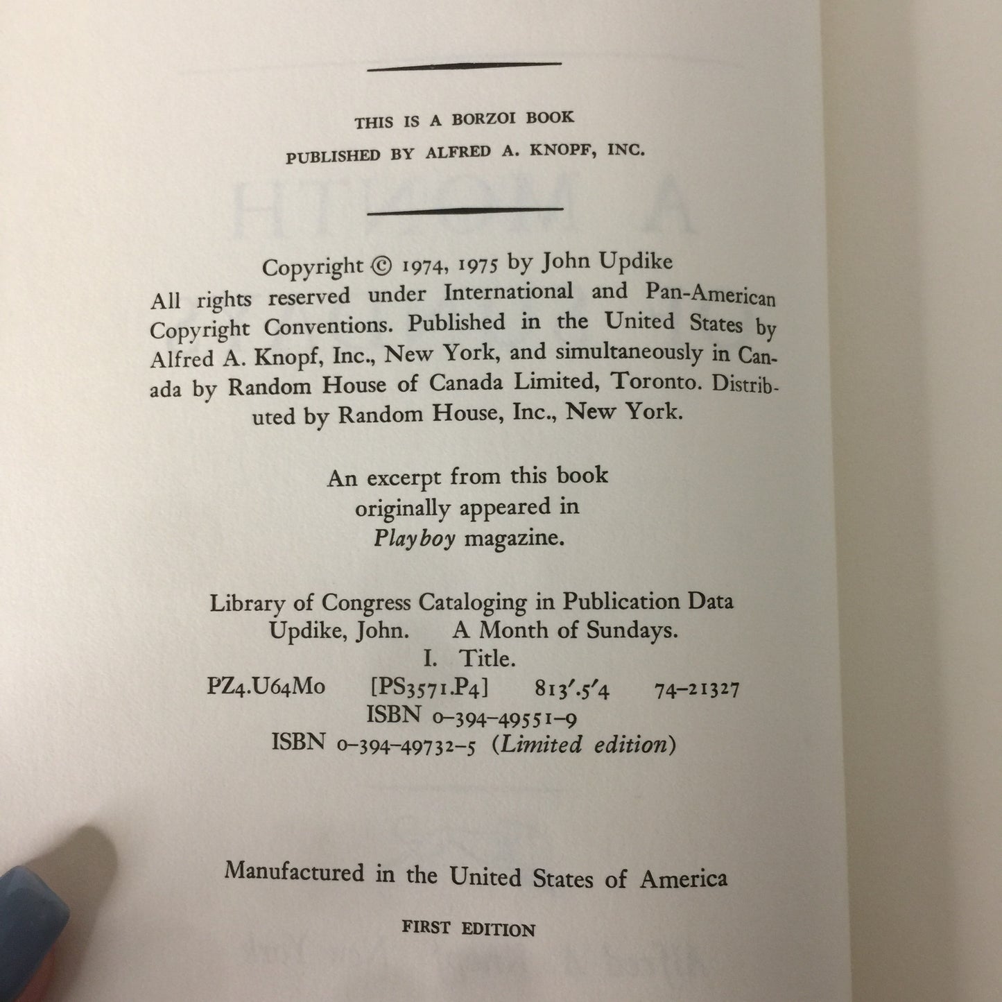 A Month of Sundays - John Updike - 1st Edition - 1975