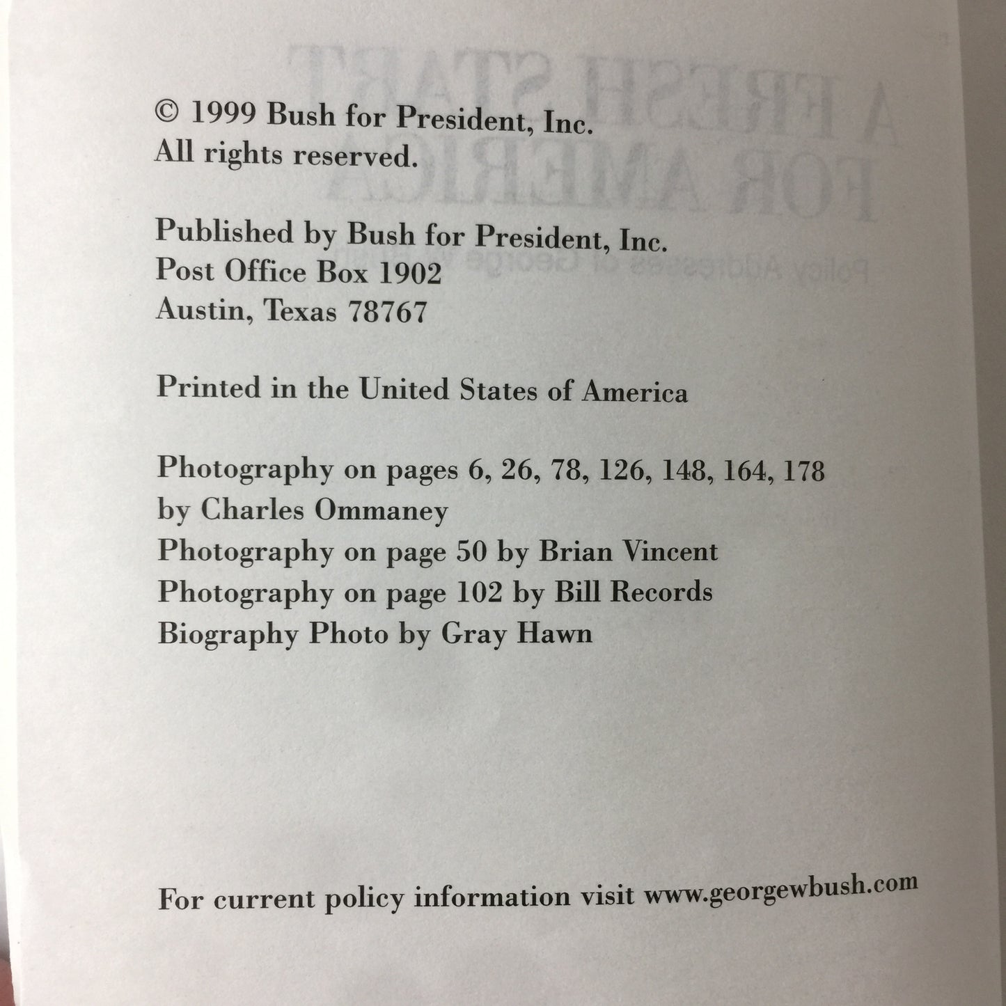 A Fresh Start for America - G. W. Bush - Signed - 1999