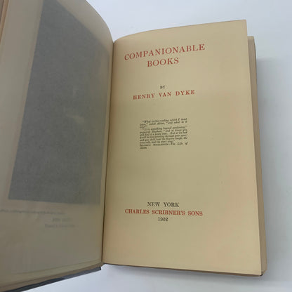 Companionable Books - Henry Van Dyke - 1st Edition - 1922