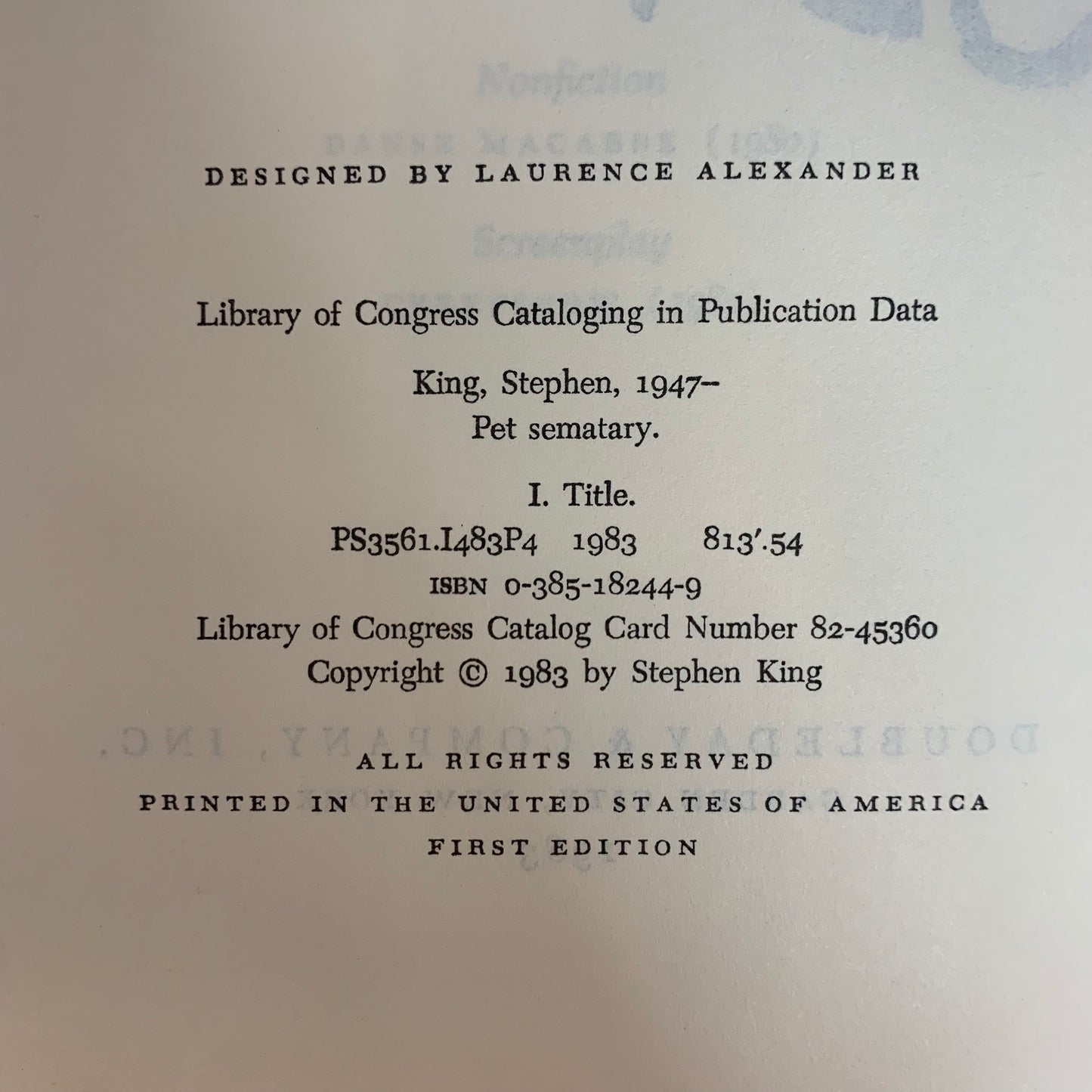 Pet Sematary - Stephen King - First Edition with First State Dust Jacket - “1982” Misprint on Dust Jacket - Y38 Gutter Code - 1983