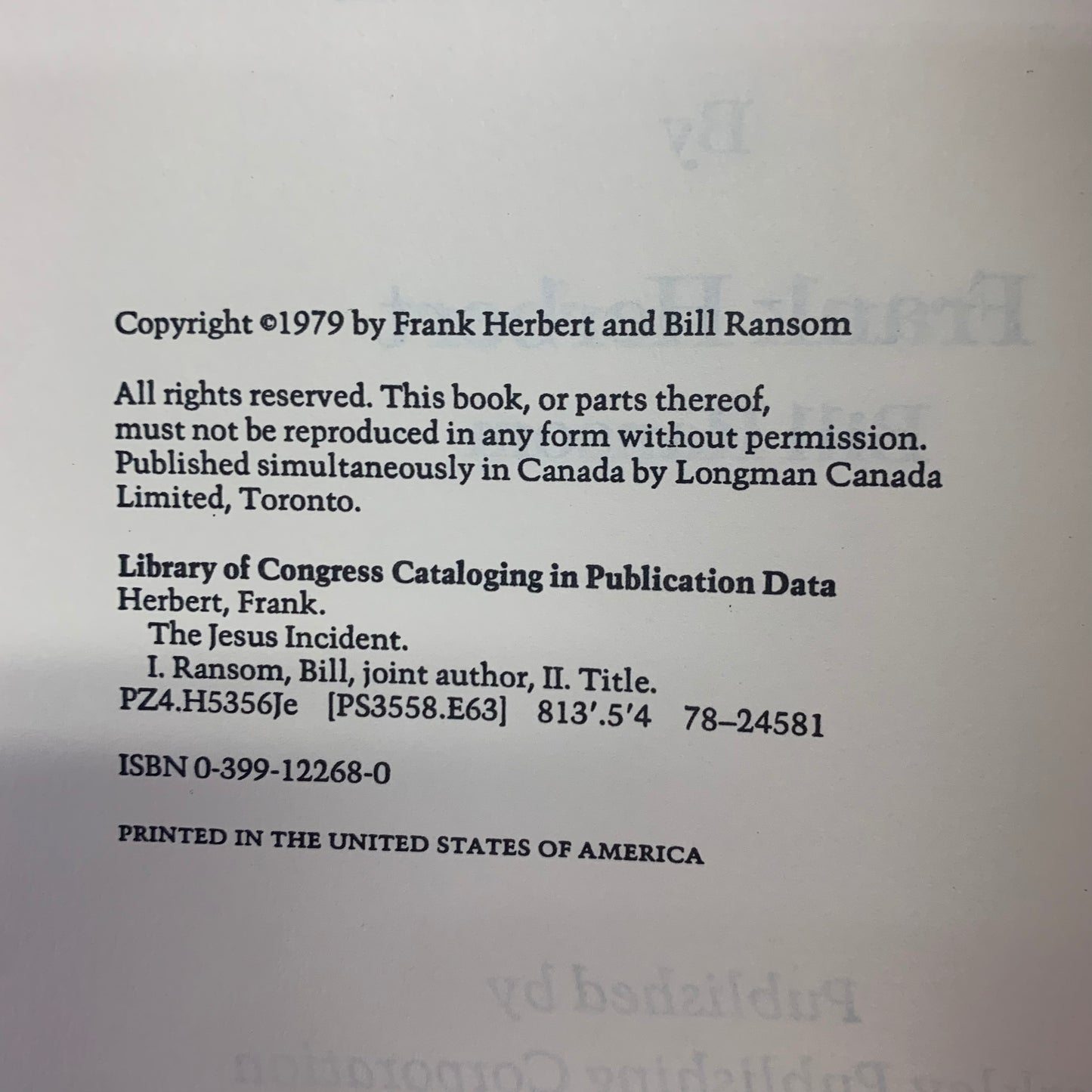 The Jesus Incident - Frank Herbert and Bill Ransom - First Edition - 1979