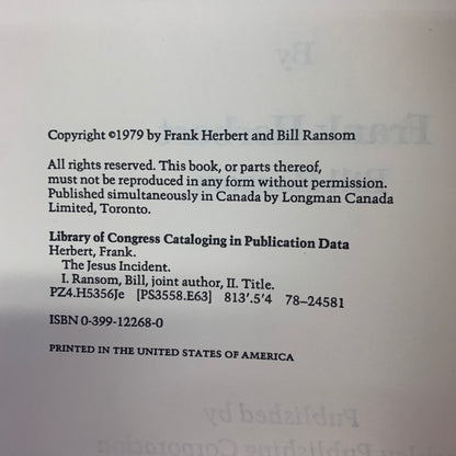 The Jesus Incident - Frank Herbert and Bill Ransom - First Edition - 1979