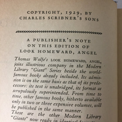 Look Homeward, Angel - Thomas Wolfe - Modern Library - 1929