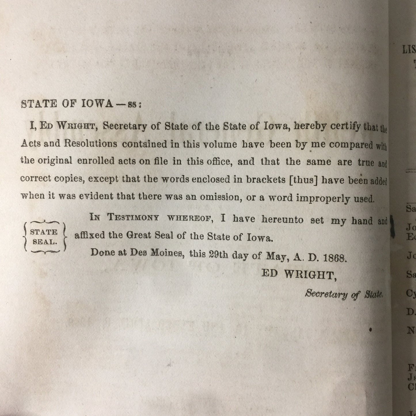 Iowa General Assembly - Ed Wright - Des Moines - 1868