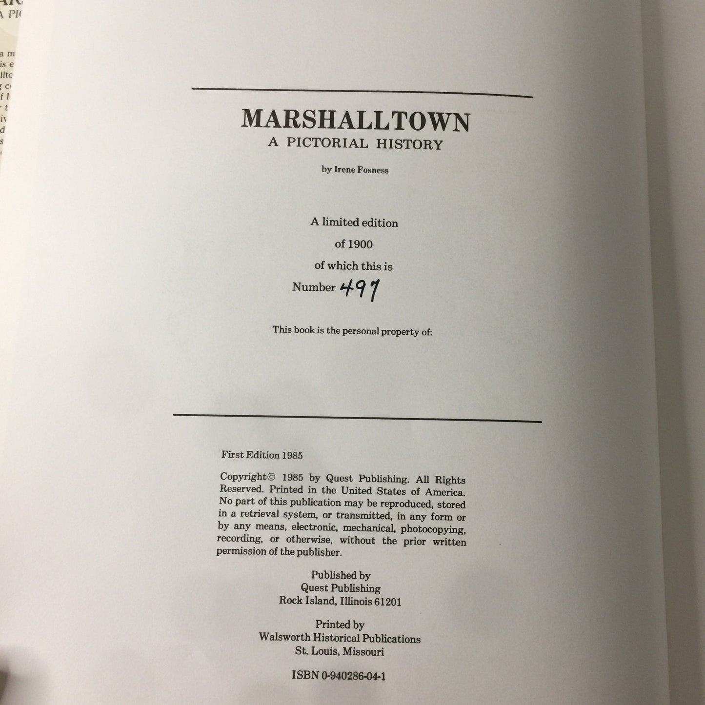 Marshalltown: A Pictorial History - Irene Fosness - Inscribed - Limited Edition #497 of 1,900 - 1985