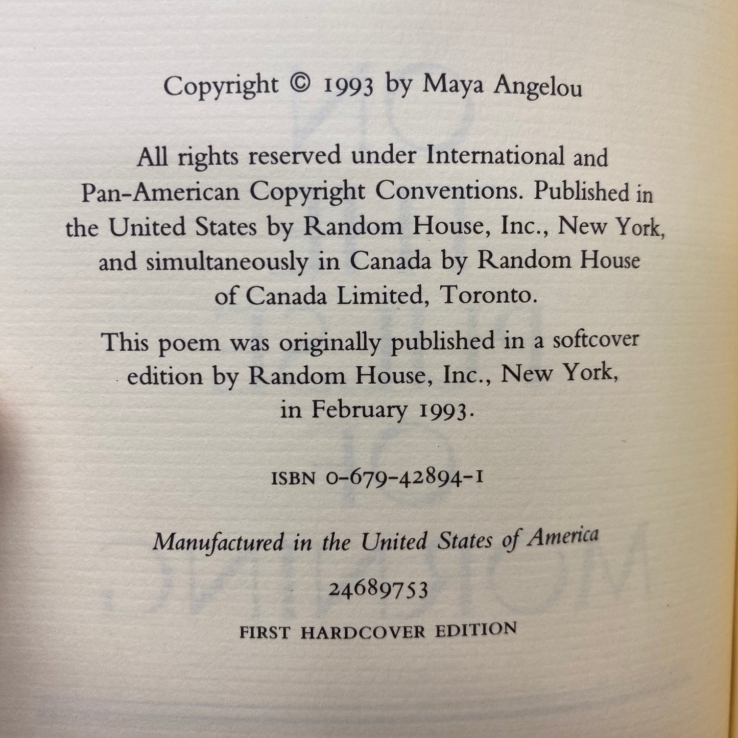 On The Pulse Of Morning - Maya Angelou - 1st Edition - 1993