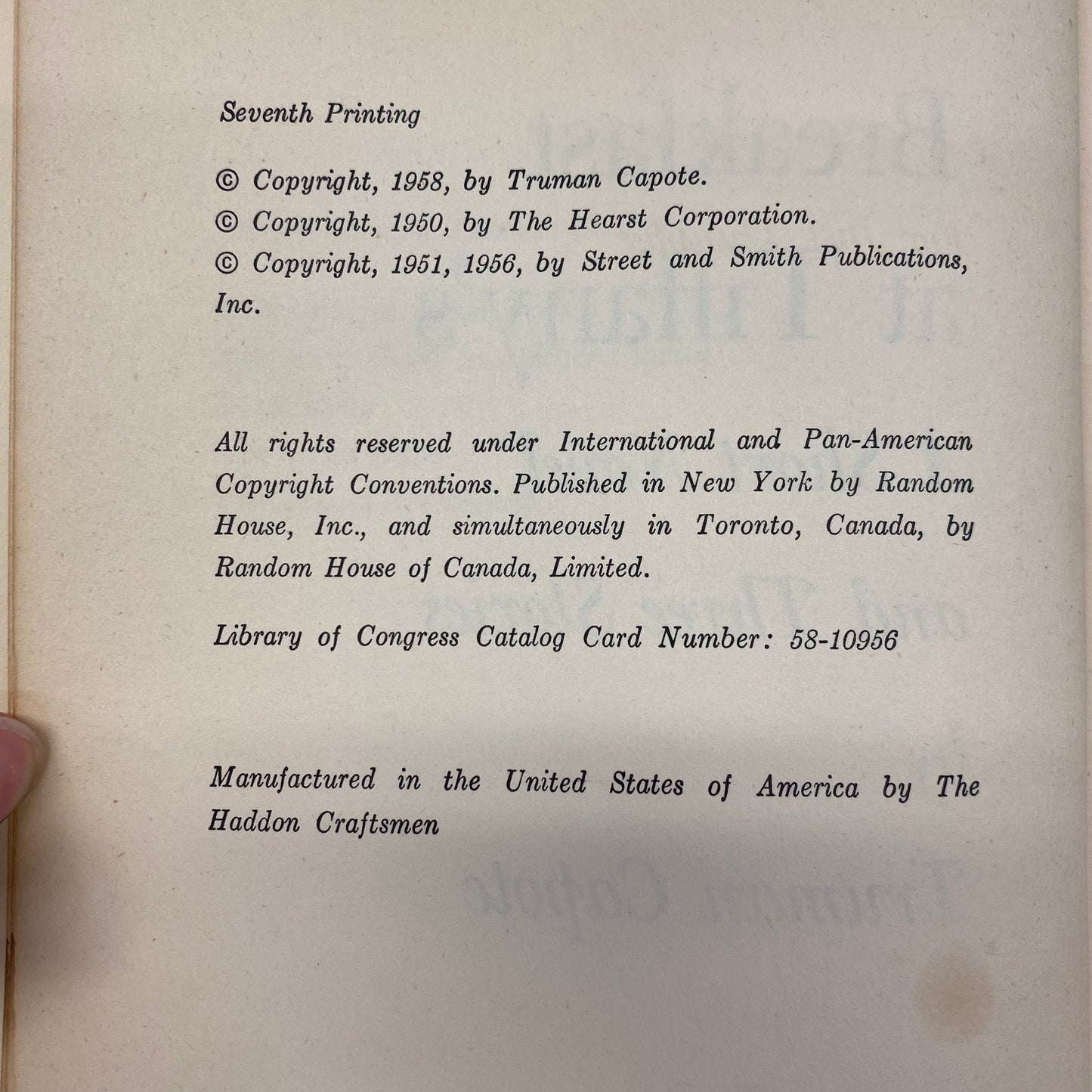 Breakfast at Tiffany’s - Truman Capote - 7th Print - 1958