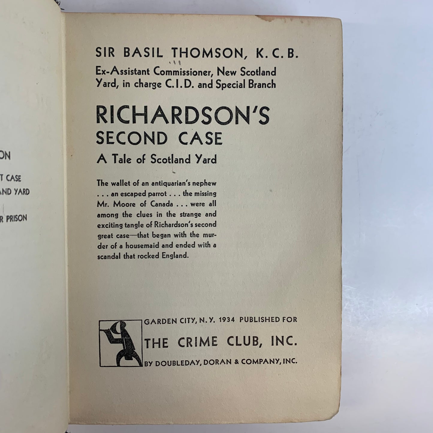 Richard's Second Case - Sir Basil Thomson - 1st Edition - 1934