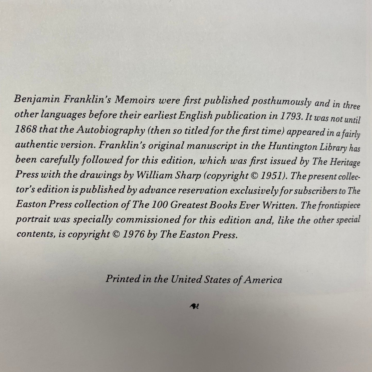 The Autobiography of Benjamin Franklin - Benjamin Franklin - Easton Press - 1976