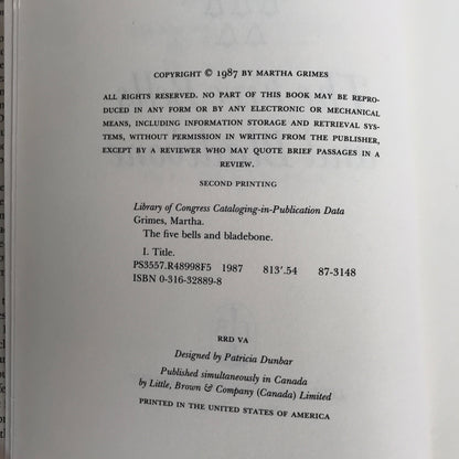 The Five Bells and Bladebone - Martha Grimes - 2nd Print, Signed - 1987