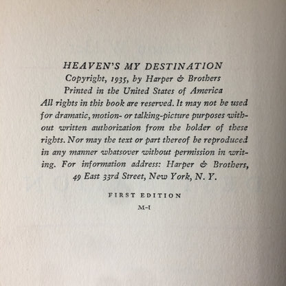 Heaven’s My Destination - Thornton Wilder - 1st Edition - 1935