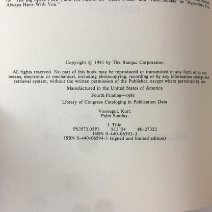 Palm Sunday - Kurt Vonnegut - 4th Print - 1981