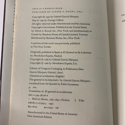 The General in His Labyrinth - Gabriel Garcia Marquez - 1st American Edition - 1990