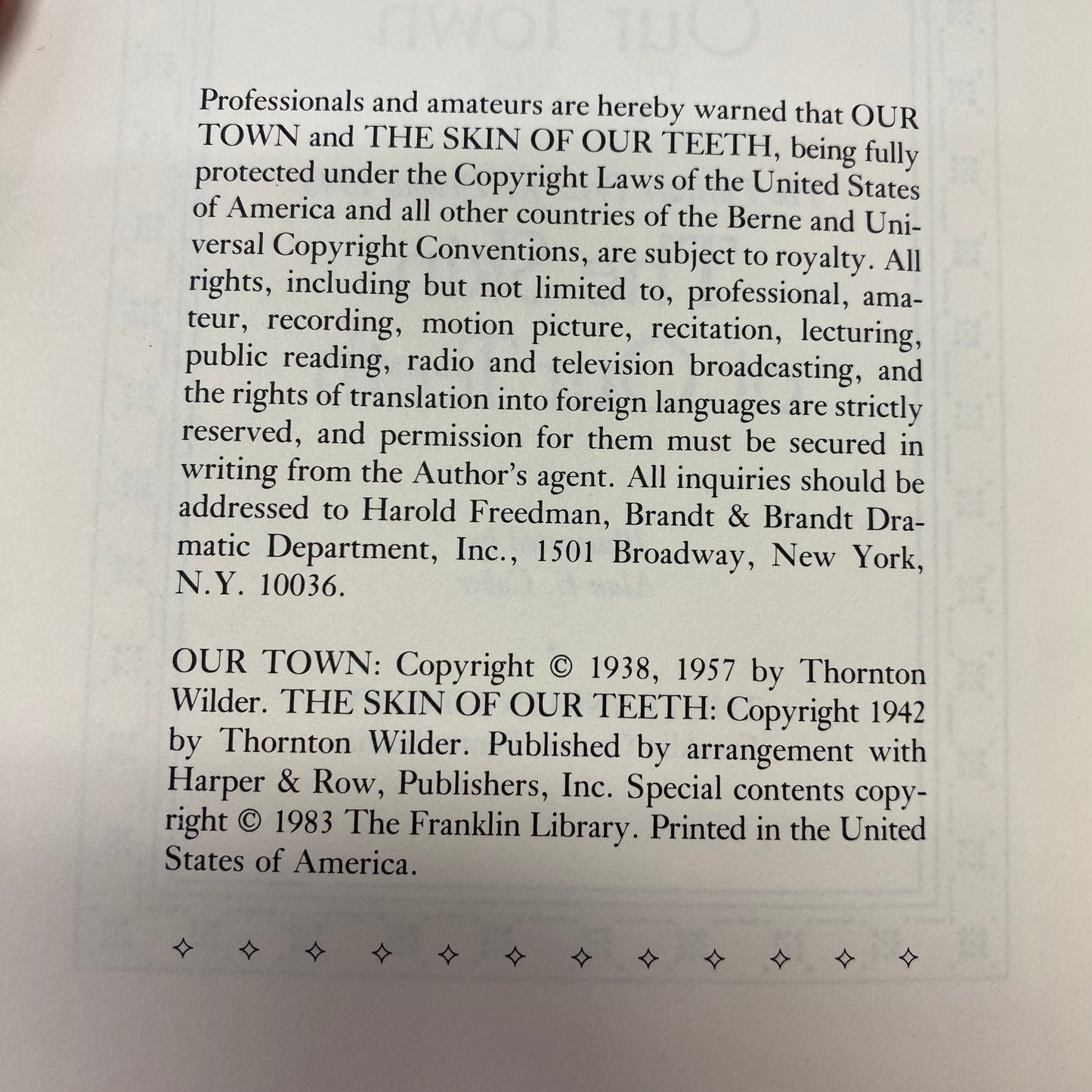 Our Town and The Skin of Our Teeth - Thornton Wilder - Franklin Library - 1983