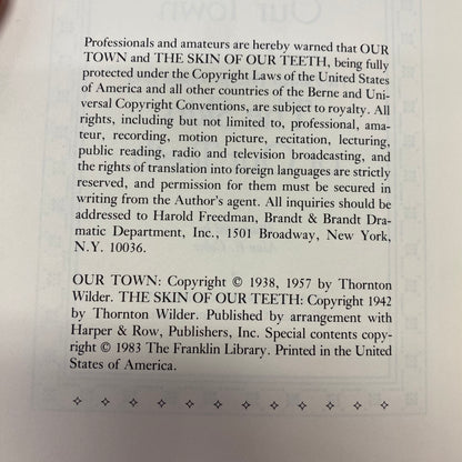 Our Town and The Skin of Our Teeth - Thornton Wilder - Franklin Library - 1983