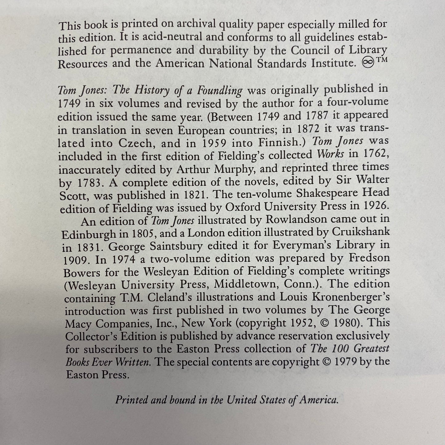 The History of Tom Jones: A Foundling - Henry Fielding - Easton Press - 1979