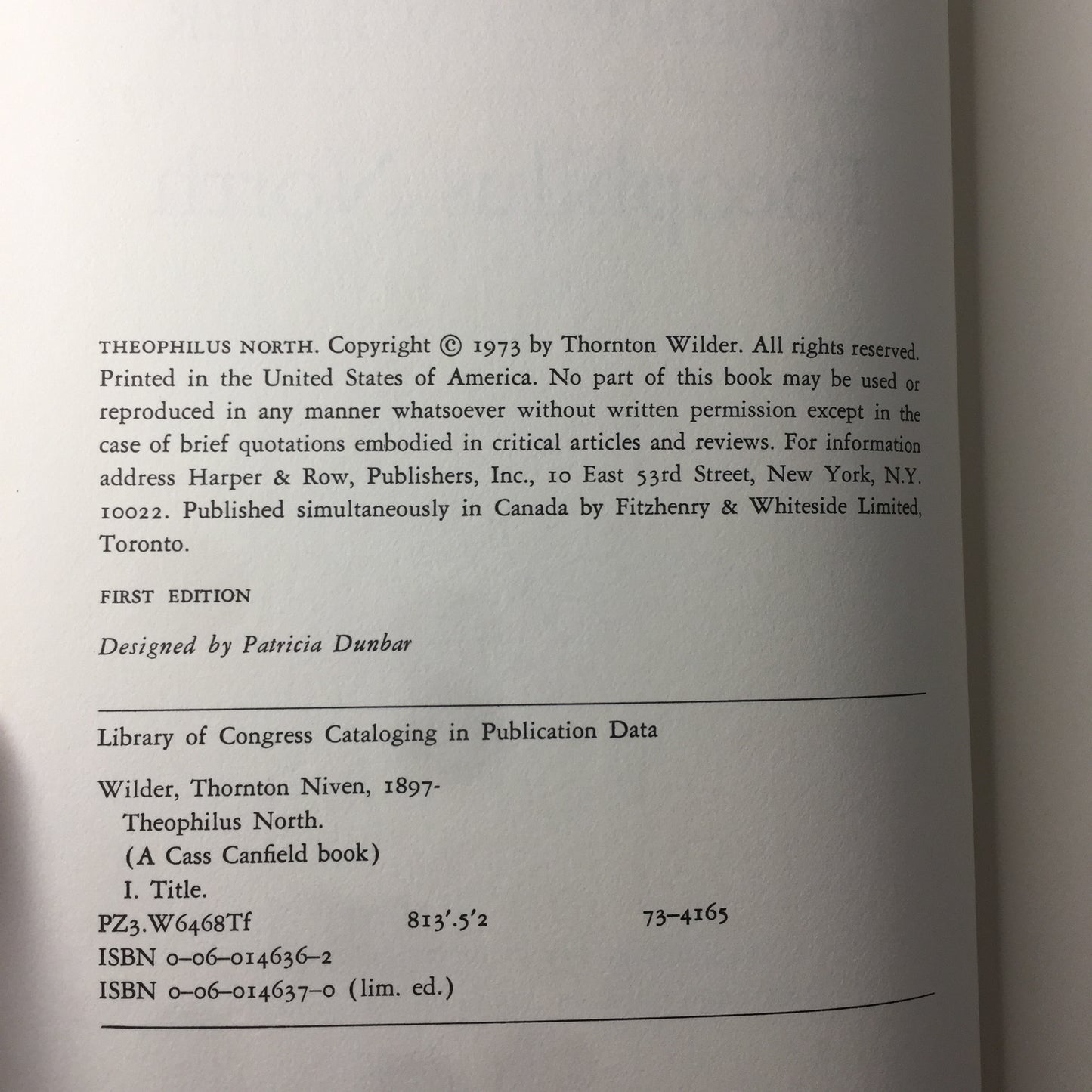 Theophilus North - Thornton Wilder - 1st Edition - 1973