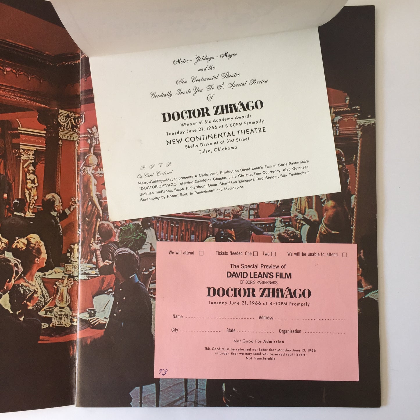 David Lean’s Film of Doctor Zhivago - Invitation to Movie Premier Inside - 1965