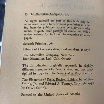 The Elements of Style - William Strunk Jr. and E. B. White - 7th Print - 1960