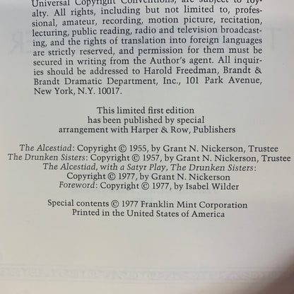 The Alcestiad - Thornton Wilder - 1st Edition - Franklin Library- 1977