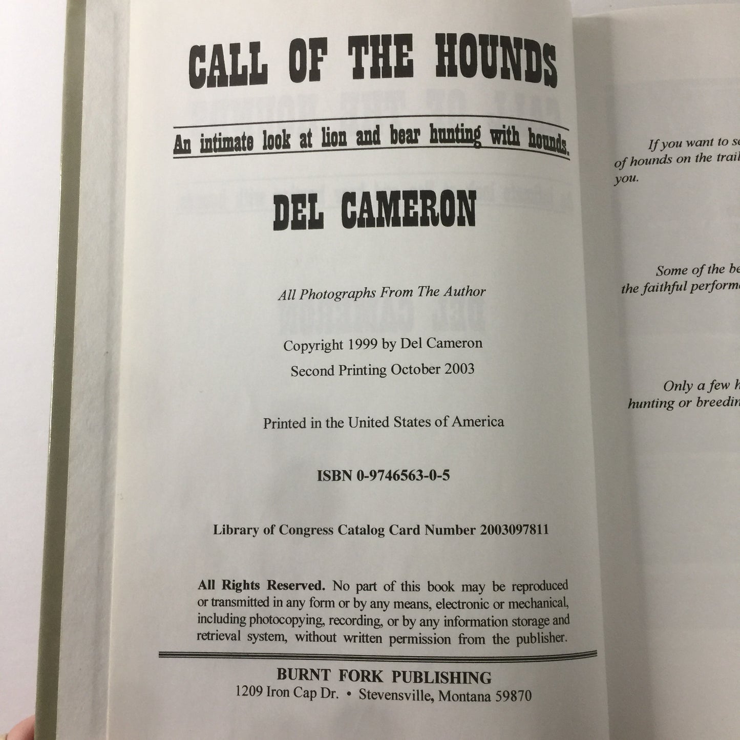 Call of The Hounds - Del Cameron - Inscribed - 2nd Printing - 1999