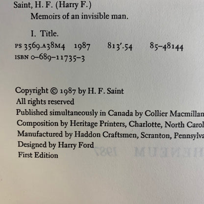 Memoirs of an Invisible Man - H.F. Saint - 1st Edition - 1987