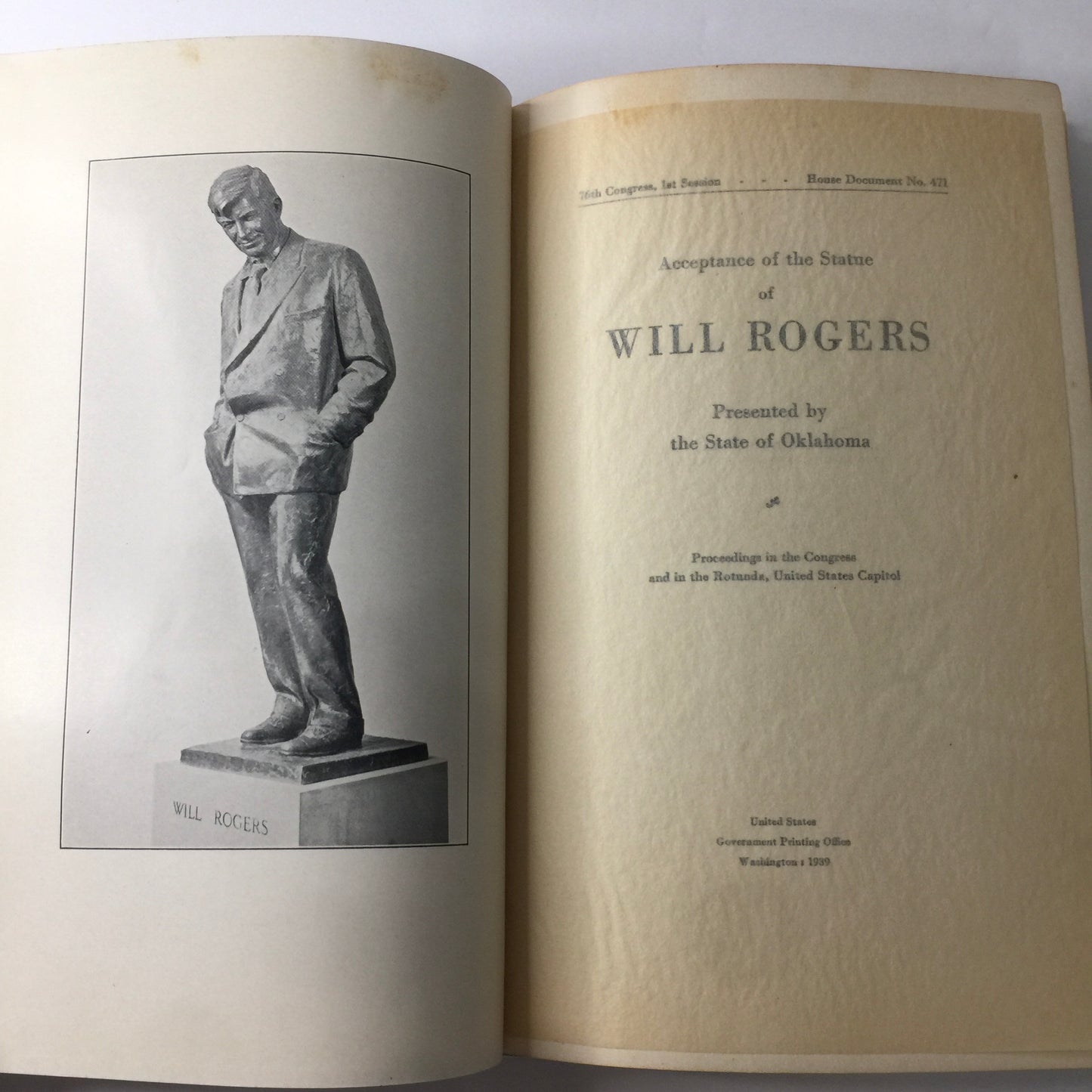 Acceptance of the Statue of Will Rogers - Various - Collection with Card - 1939