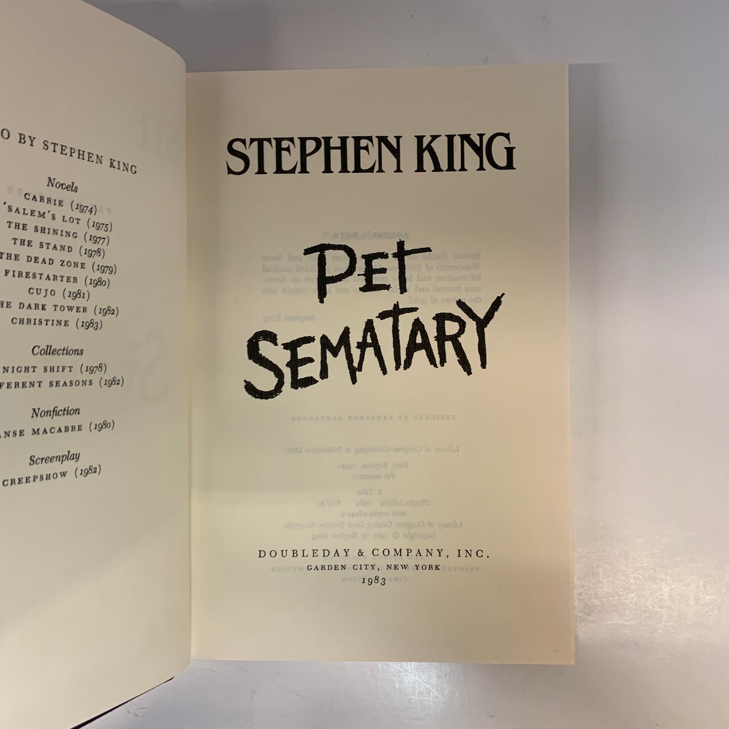 Pet Sematary - Stephen King - First Edition with First State Dust Jacket - “1982” Misprint on Dust Jacket - Y38 Gutter Code - 1983