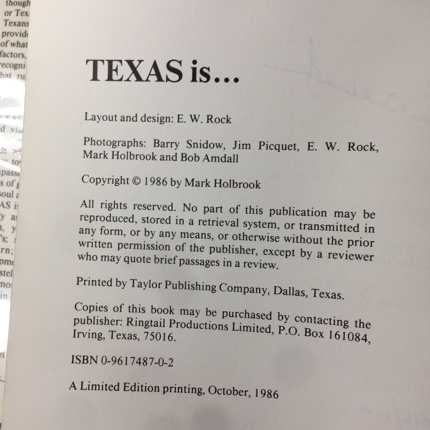 Texas is… - Mark Holbrook - Signed - Limited Edition - #316/1000 - 1986