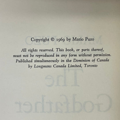 The Godfather - Mario Puzo - Book Club Edition - 1969