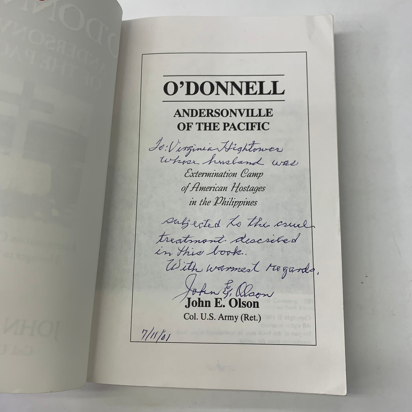 O’Donnell Andersonville of the Pacific - John E. Olson - Inscribed w/ Personal Note from Author - 1985