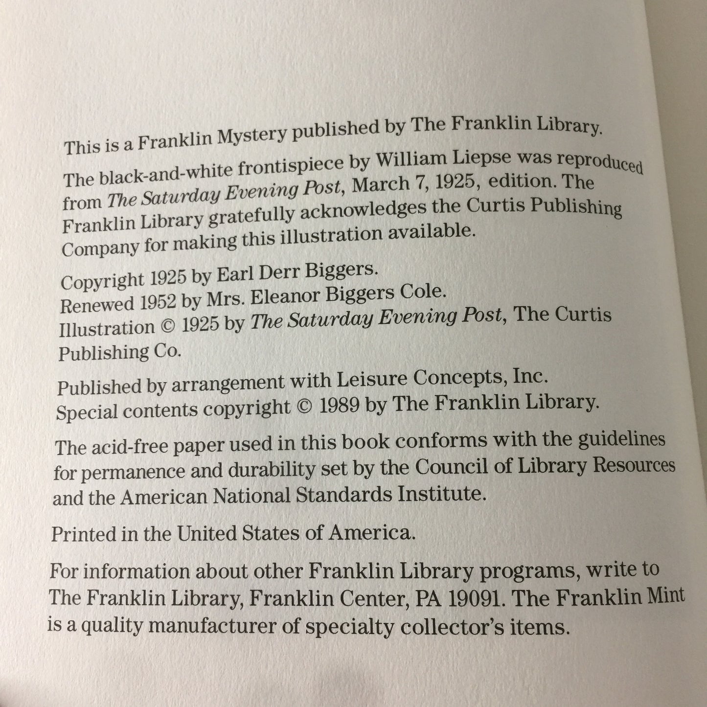 The House Without A Key - Earl Derr Biggers - Franklin Library  - 1989