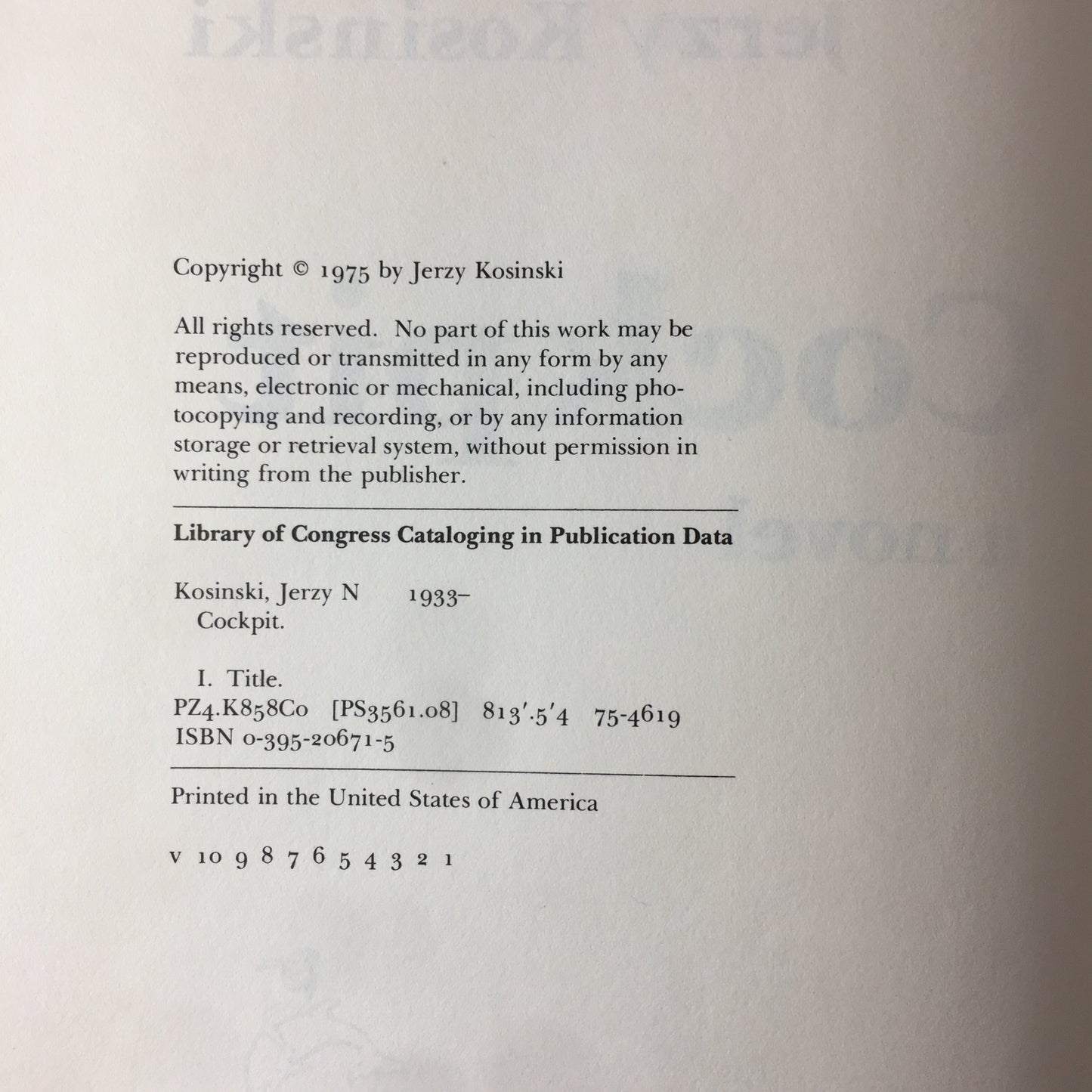 Cockpit - Jerry Kosinski - 1st Print - 1975