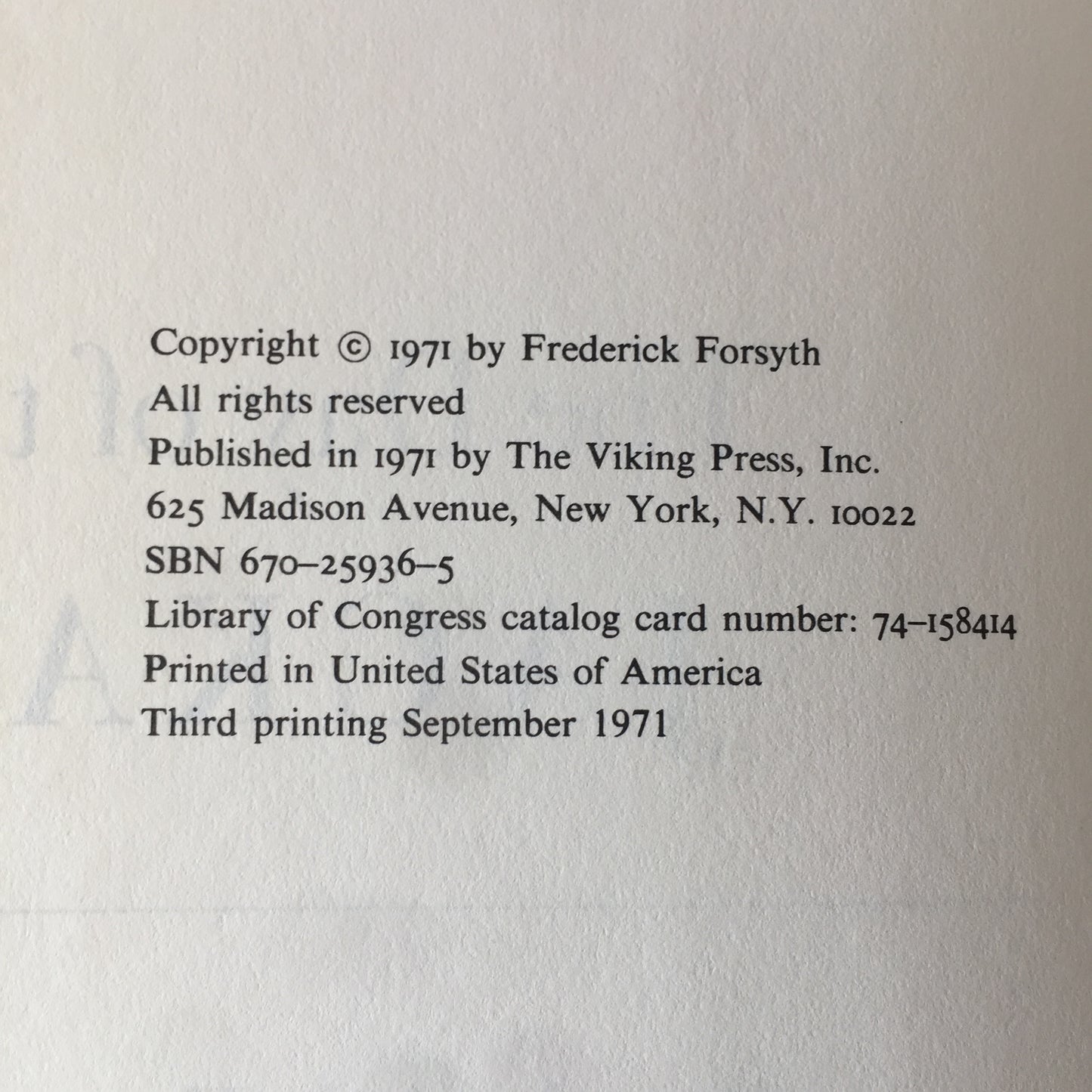 The Day of The Jackal - Frederick Forsyth - 3rd Printing - 1971