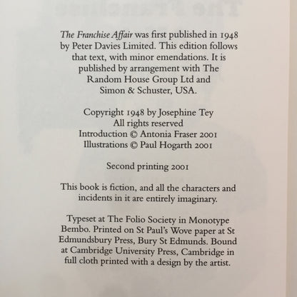 The Franchise Affair - Josephine Tey -  2nd Print - Folio Society - 2001