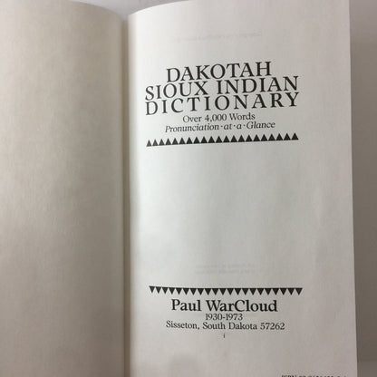 Dakotah Sioux Indian Dictionary - Paul WarCloud - 5th Print - 1989