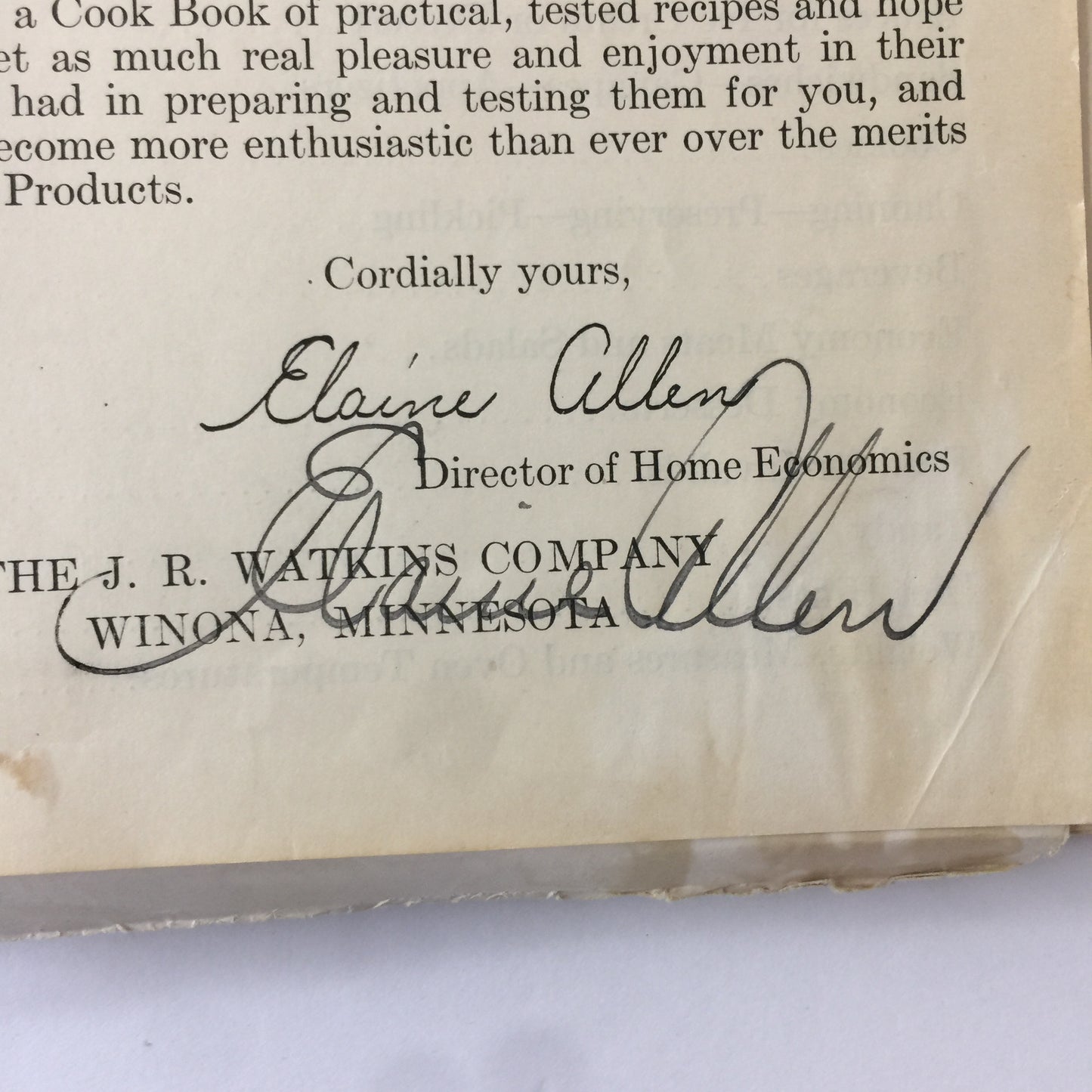 Watkins Cook Book - Elaine Allen - Signed - 1938