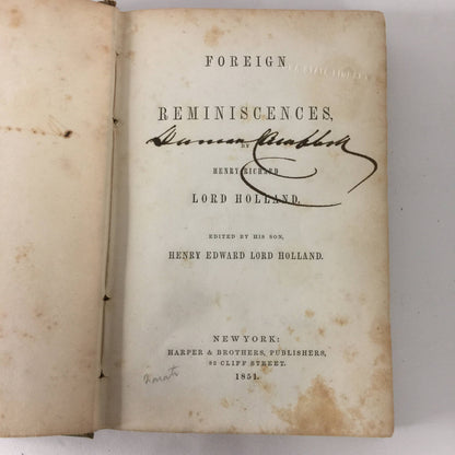 Foreign Reminiscences - Henry Richard Lord Holland - 1st American Edition - 1851