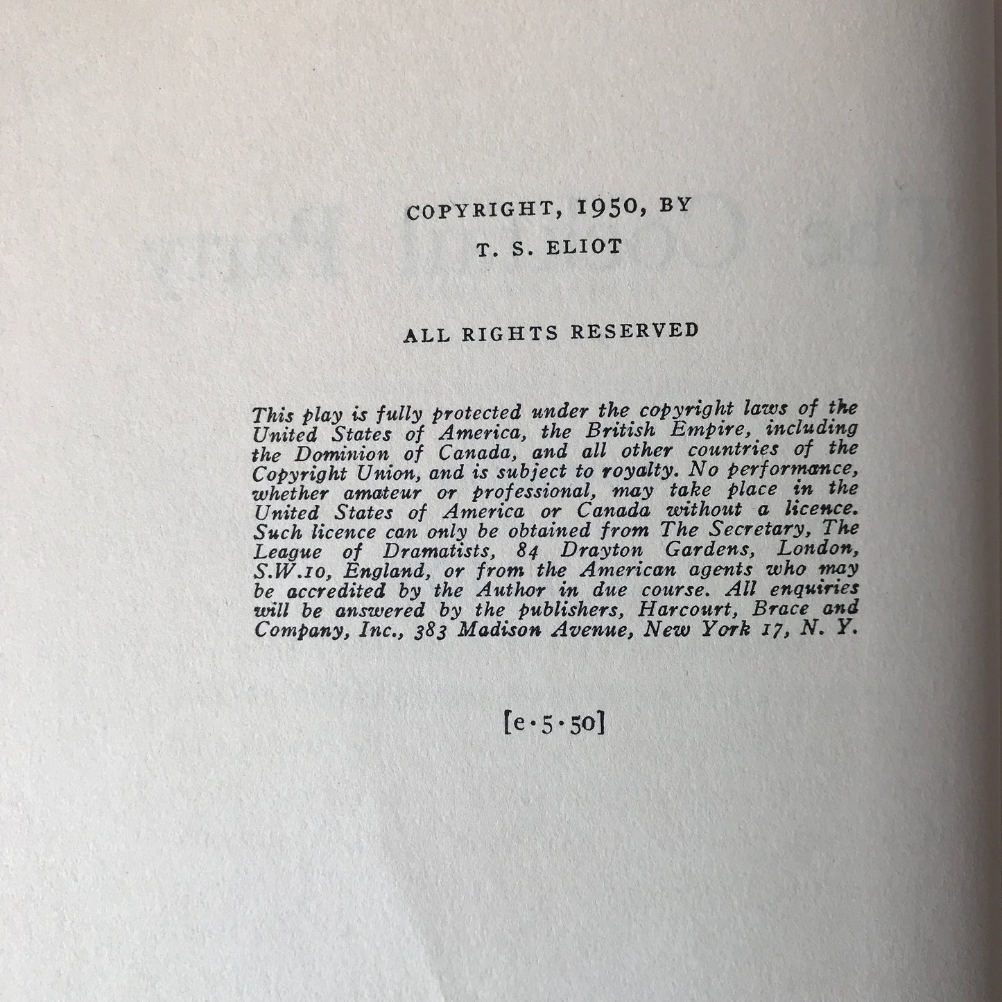 The Cocktail Party - T. S. Eliot - Book Club Edition - Early Print - 1950