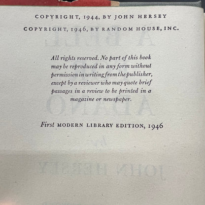 A Bell For Adano - John Hersey - First Modern Library Edition - 1946