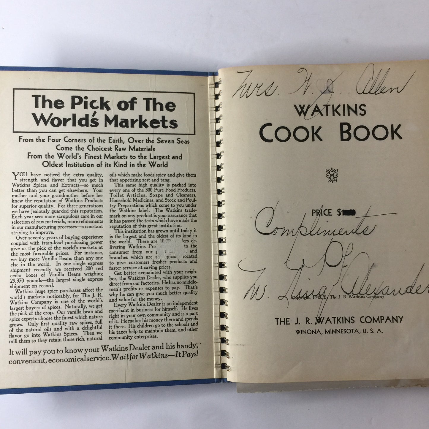 Watkins Cook Book - Elaine Allen - Signed - 1938