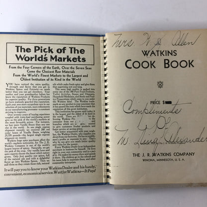 Watkins Cook Book - Elaine Allen - Signed - 1938