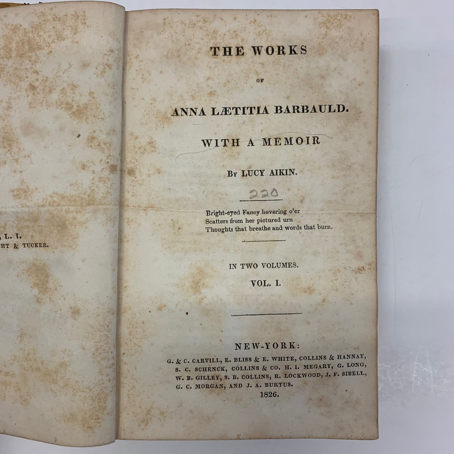 The Works of Anna Laetitia Barbauld - Lucy Aiklin - One Volume Only - Numbered - Ex Library - 1826