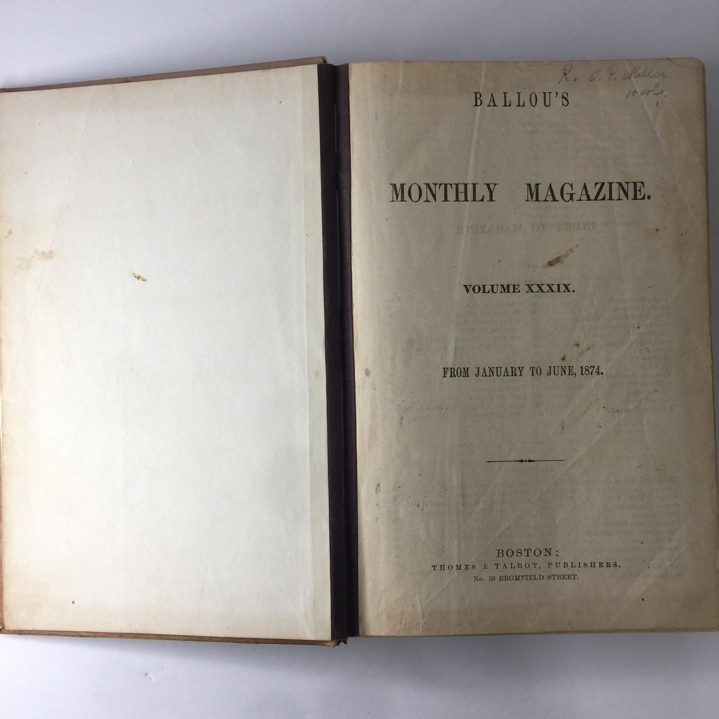 Ballou’s Monthly Magazine - Thomes and Talbot Publishers - 1874