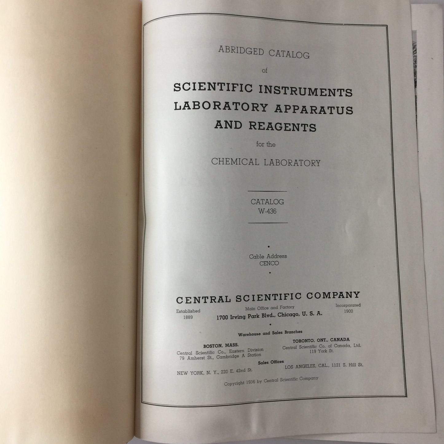 Abridged Catalog of Laboratory Apparatus and Reagents - Central Scientific Company - 1936