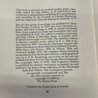 The Essays of Sir Francis Bacon - Francis Bacon - Easton Press - 1980