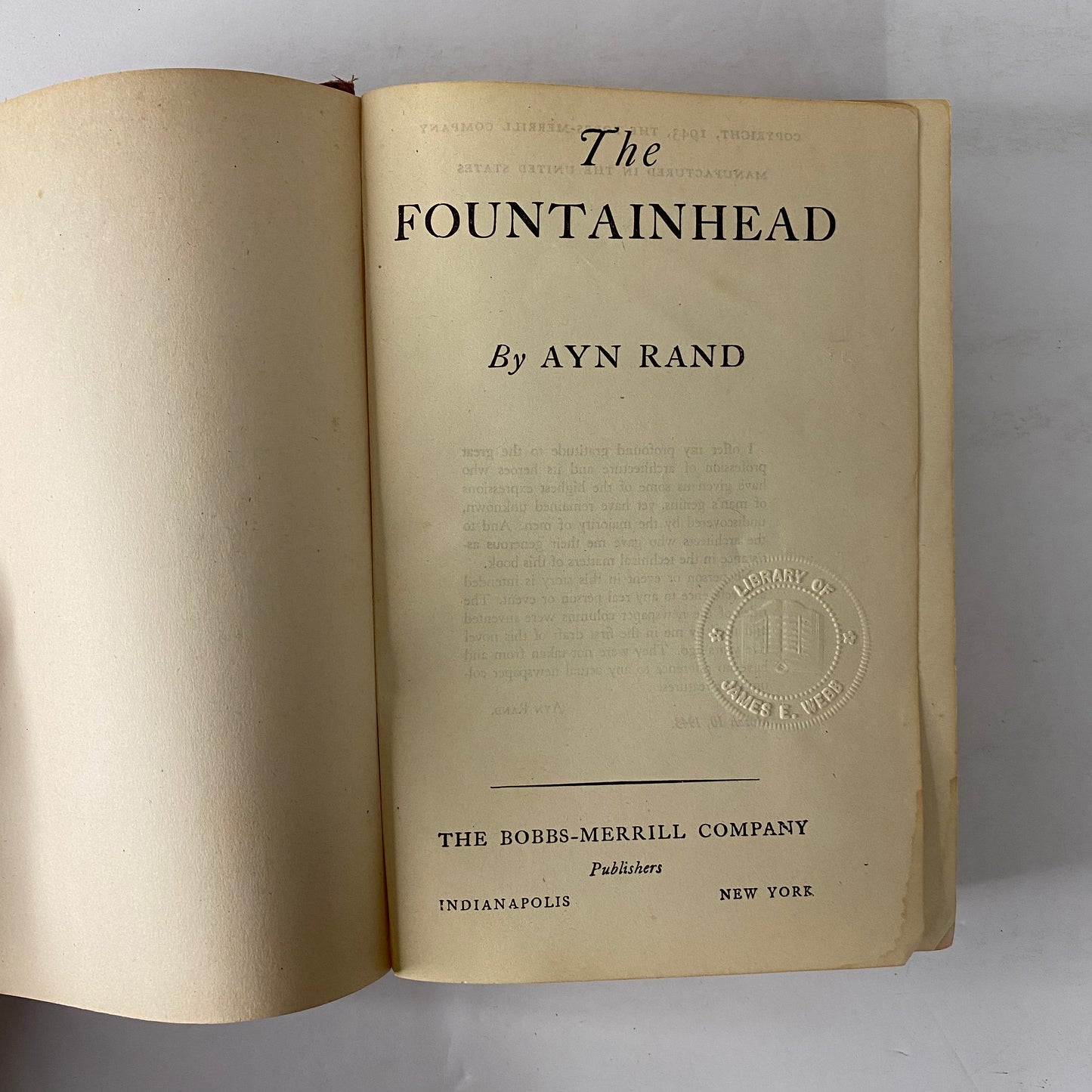 The Fountainhead - Ayn Rand - Early Print - Apparent 1st State - Error Points Present - 1943