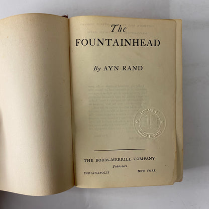 The Fountainhead - Ayn Rand - Early Print - Apparent 1st State - Error Points Present - 1943