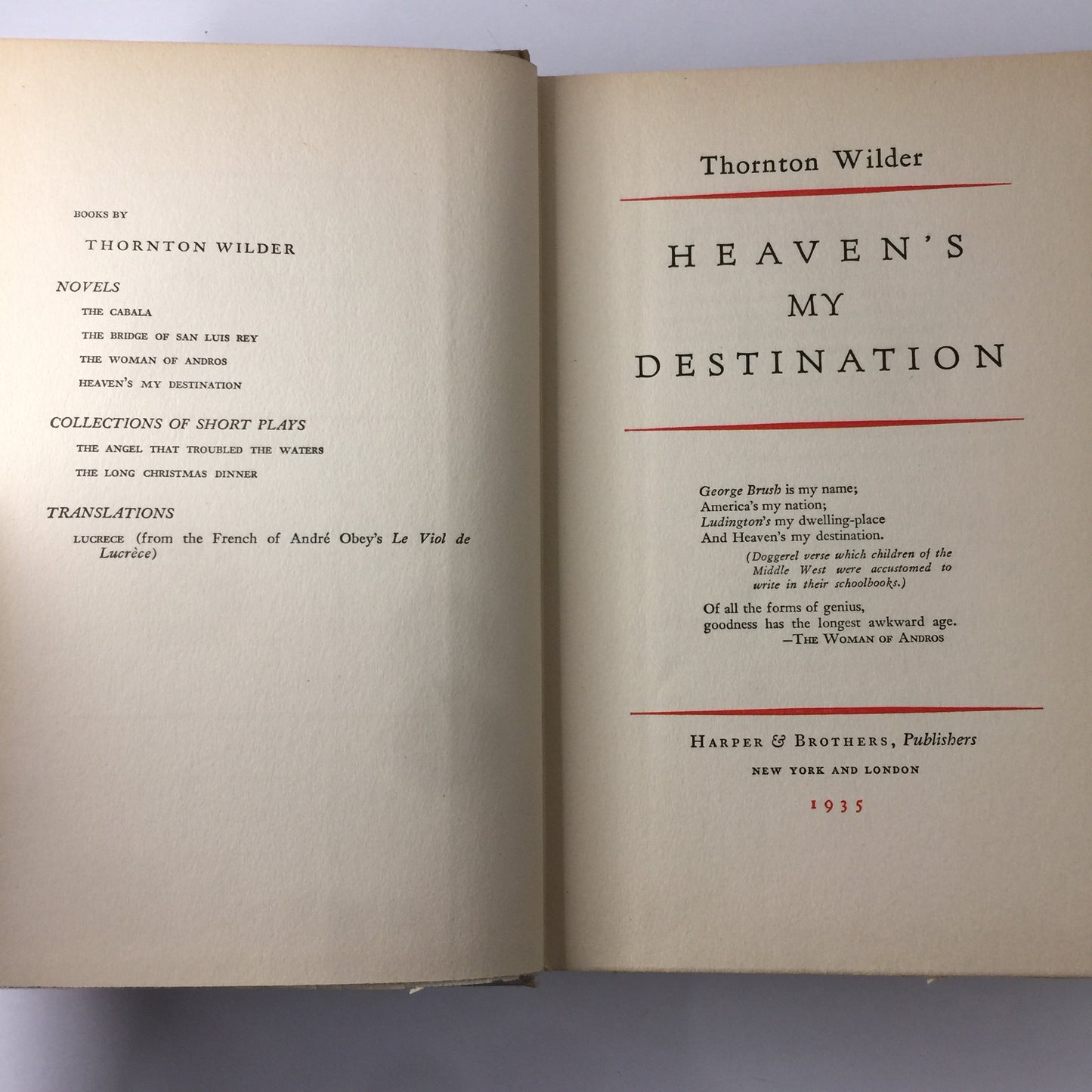 Heaven’s My Destination - Thornton Wilder - 1st Edition - 1935